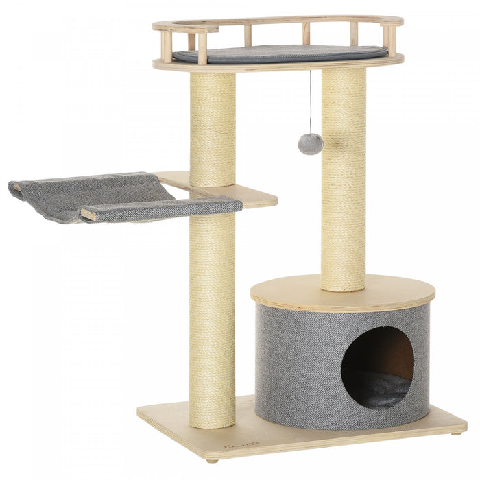 Pawhut 35\" arbre A Chat, Centre D'activites Pour Chat, Jouet D'escalade De Chat En Bois, Tour De Chat Avec Lit Hamac Condo Coussin Lavable Suspension Boule Jouet Griffoir, Neutre