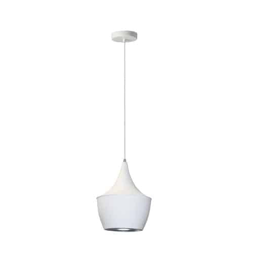 Grand luminaire suspendu Helsinki de Dainolite en forme de goutte, avec intérieur argenté, fini blanc mat et 1 ampoule