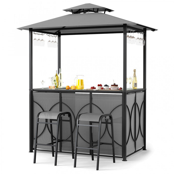 Costway 6.5 X 4 X 8 Ft Grill Gazebo Ensemble Avec 2 Tabourets De Bar, Table De Bar En Verre Trempe Gris