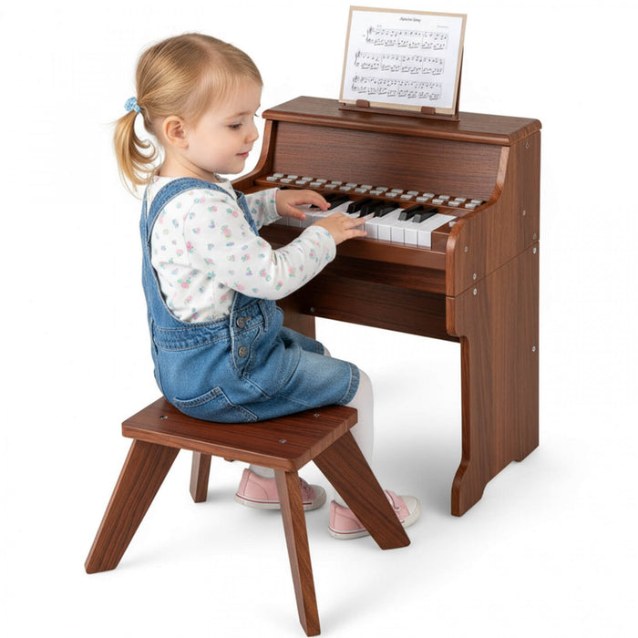 Costway Piano Numerique 25 Touches avec Pupitre, Tabouret, Touches Retroeclairees et Mode Enseignement pour Enfants des 3 Ans - Marron