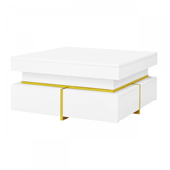 Ava Table Basse a Fini Haute Brillance avec Tiroirs de Rangement et Accents Dores, Blanc