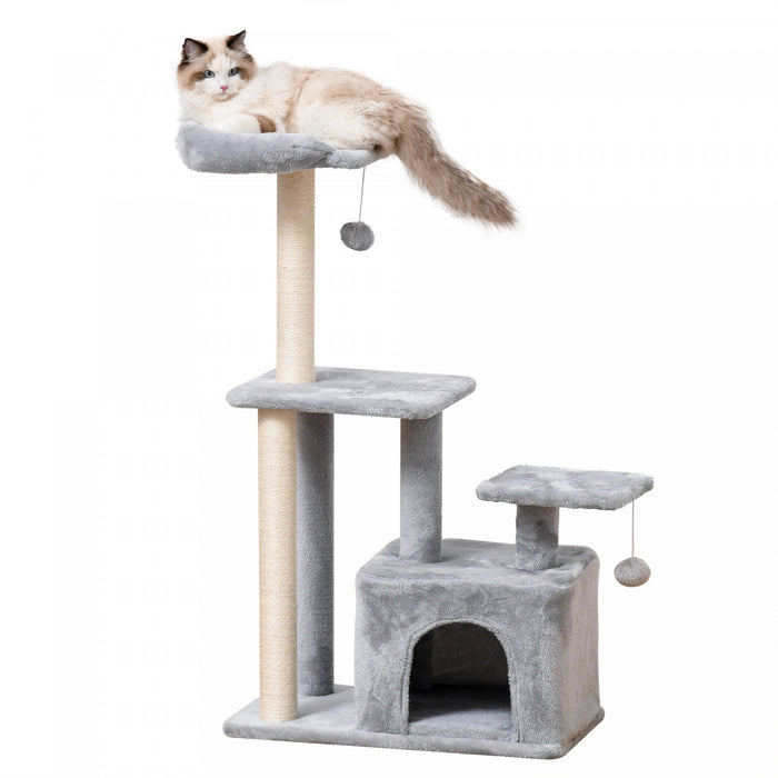 Pawhut Arbre A Chat D'interieur, Condo A Plusieurs Niveaux Avec Griffoir En Sisal, Perchoir, Boule A Suspendre, Gris Clair