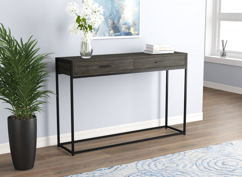 Console moderne de 48 po avec 2 tiroirs - bois gris foncé avec métal noir