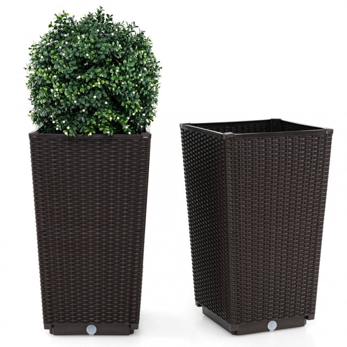 Costway 23 \"planteurs Hauts Ensemble De 2 Pot De Plante En Mousse De Rattan Pot D'arbre Arrosant Automatiquement Brown