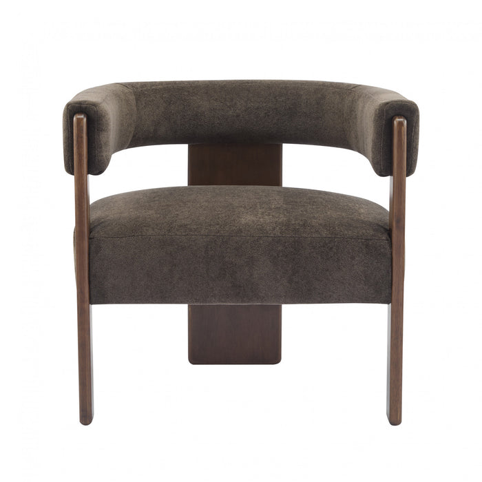 Olivia Fauteuil d’appoint rembourre en velours avec dossier cylindrique et structure en bois de caoutchouc, marron fonce