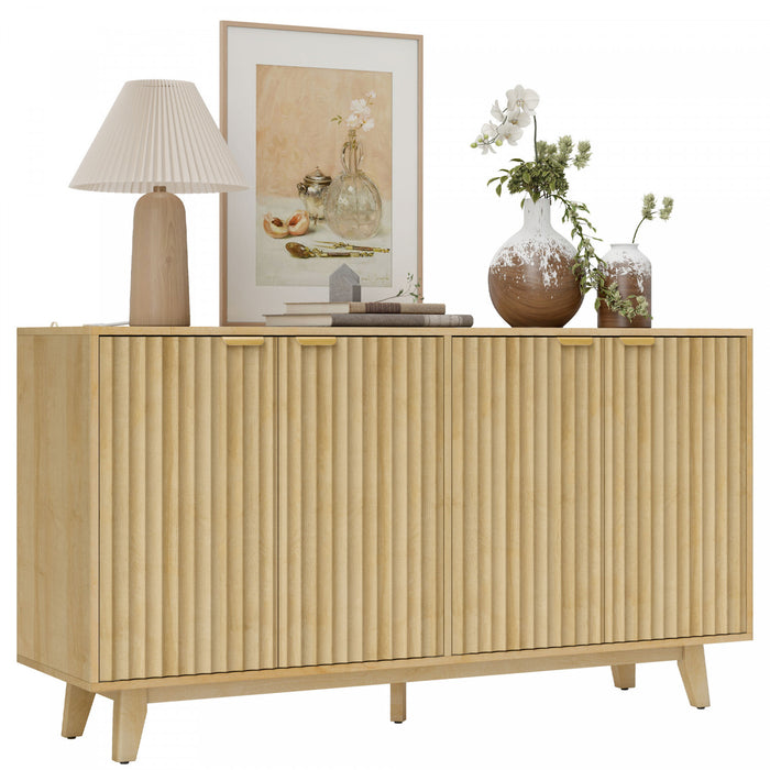 Buffet moderne de 55 po avec portes cannelees et pieds en bois naturel