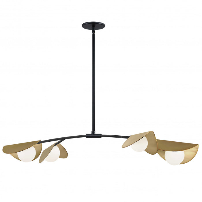 Luminaire suspendu horizontal Emma de Dainolite en verre blanc, avec fini noir mat et laiton vieilli, et 4 ampoules