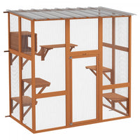 Pawhut Catio Enclos D'exterieur Pour Chat En Bois Avec Toit Resistant Aux Intemperies, Pont, Boite D