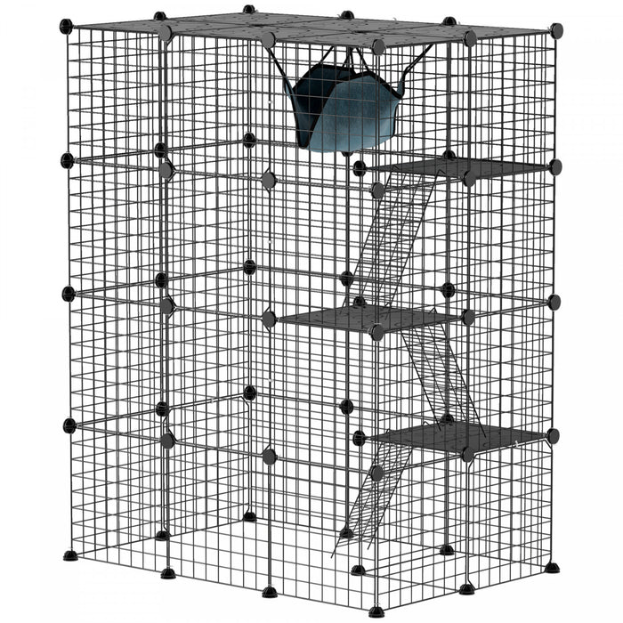 Pawhut Grande Cage Pour Chat A 4 Niveaux, Parc Pour Animaux De Compagnie Avec Hamac, Plates-formes, Rampes, Lieu D'exercice Pour 1 A 3 Chats, Utilisation En Interieur, Noir