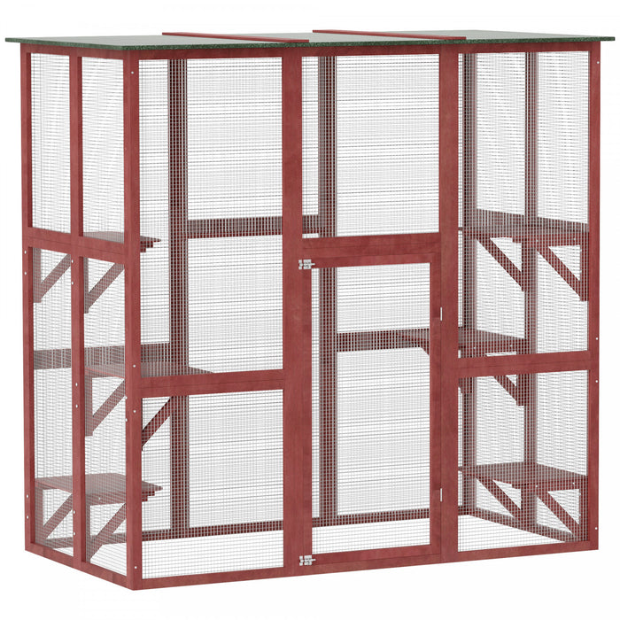 Pawhut Grand Enclos Exterieur Pour Chat, Maison Resistante Aux Intemperies, Toit En Asphalte, Cage De Terrasse En Bois Avec 6 Plates-formes Equilibrees, 71\" X 39\" X 71\", Bordeaux