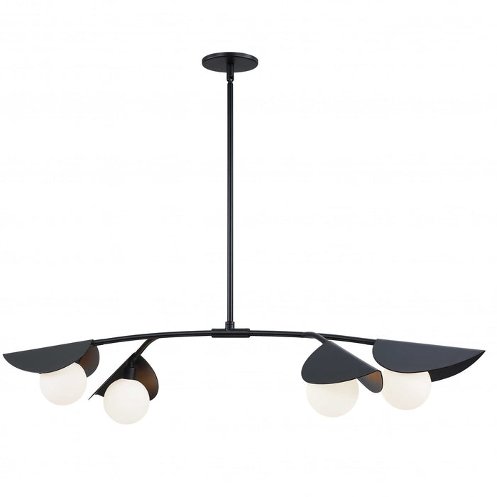 Luminaire suspendu horizontal Emma de Dainolite en verre blanc, avec fini noir mat et 4 ampoules