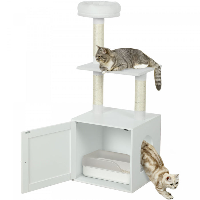 Cat Tree With Litter Box Enclosure, Hidden Cat Tower, White