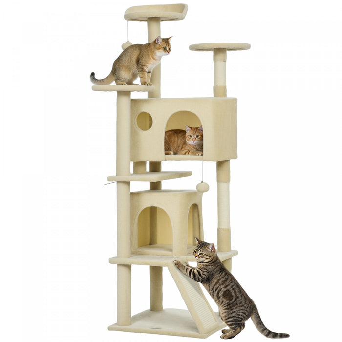 Arbre a Chat 160 cm avec Poteaux a Griffer, Niches, Blanc Creme