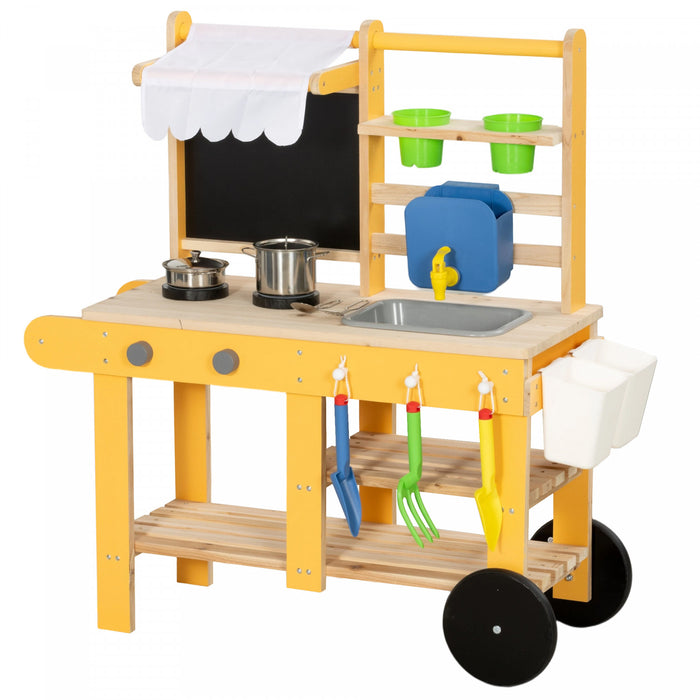 Cuisine de boue Qaba avec roues, evier, cuisiniere, etagere et tableau noir, jaune