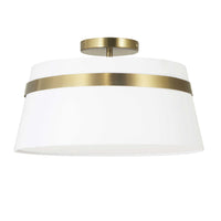Plafonnier semi-affleuré Symphony de Dainolite avec abat-jour blanc, fini laiton vieilli et 3 ampoules