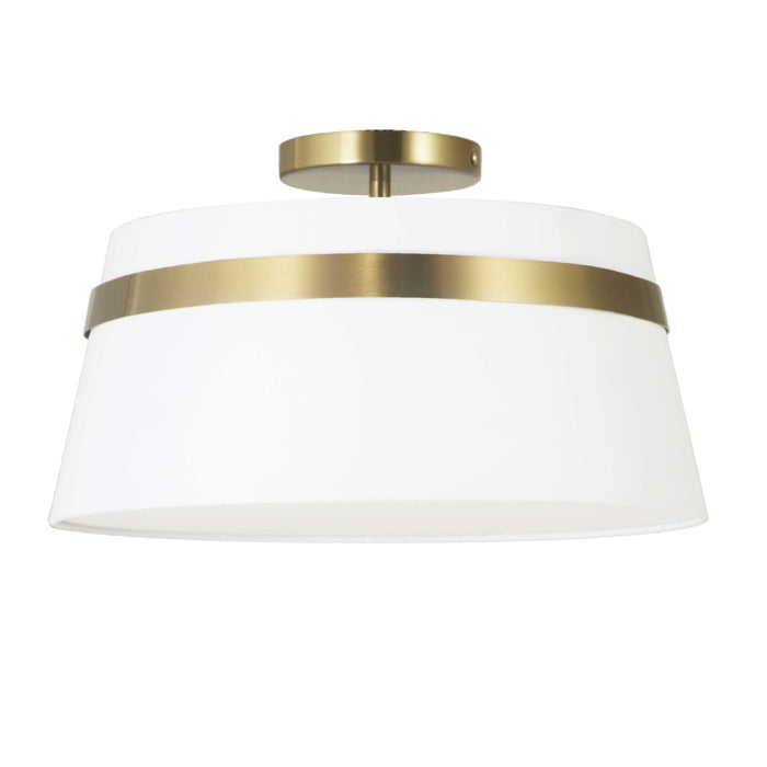 Plafonnier semi-affleuré Symphony de Dainolite avec abat-jour blanc, fini laiton vieilli et 3 ampoules