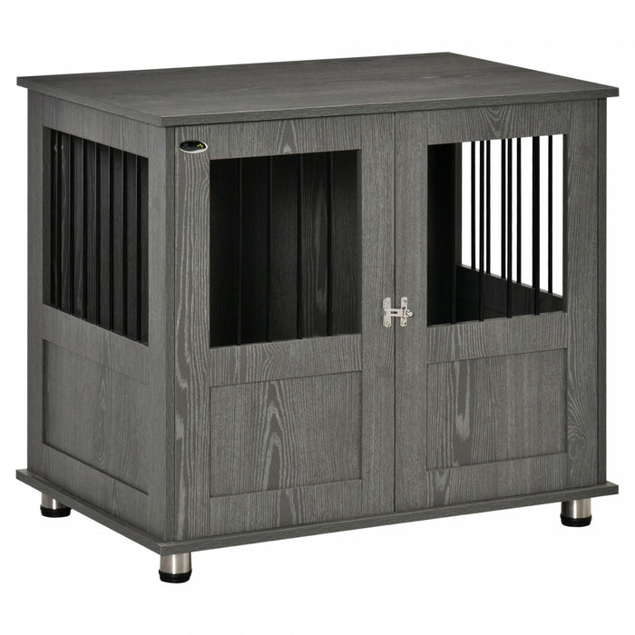 Pawhut Cage Pour Chien Avec Porte Magnetique Verrouillable, Pieds Reglables, Table D'appoint Pour Niche D'interieur Pour Chiens De Petite Et Moyenne Taille, Gris