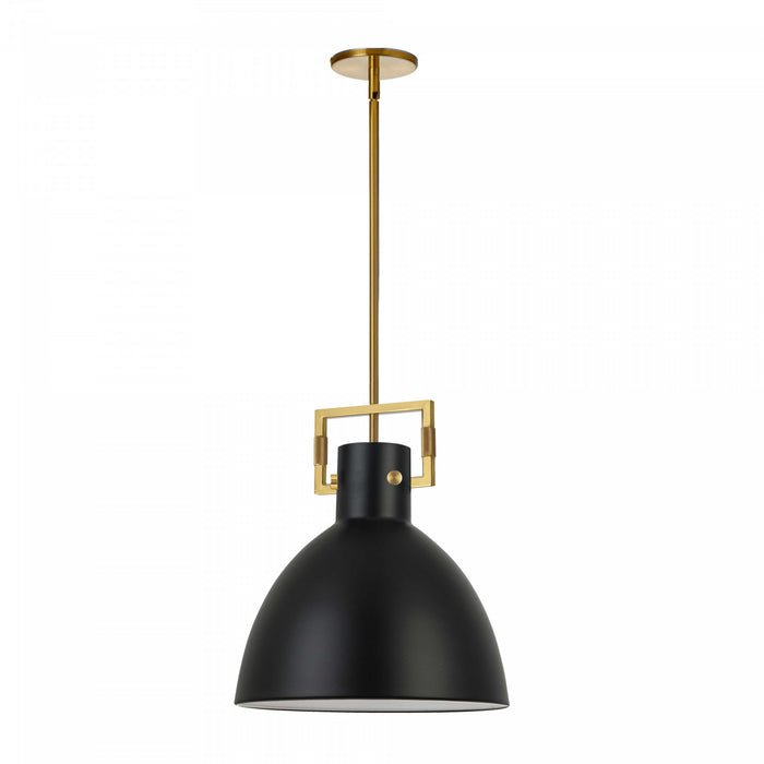Luminaire suspendu de Dainolite avec abat-jour en métal noir mat, fini laiton vieilli et 1 ampoule incandescente
