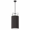 Luminaire suspendu Trapezoid de Dainolite avec abat-jour cylindrique noir qui diffuse la lumière, tissu blanc et 4 ampoules