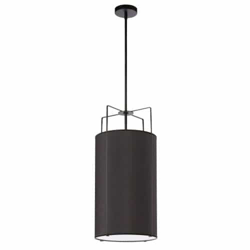 Luminaire suspendu Trapezoid de Dainolite avec abat-jour cylindrique noir qui diffuse la lumière, tissu blanc et 4 ampoules
