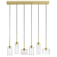 Luminaire suspendu horizontal Industrial Chic de Dainolite en verre transparent, avec fini laiton vieilli et 6 ampoules
