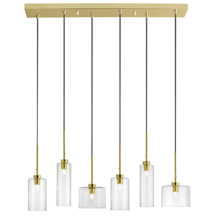 Luminaire suspendu horizontal Industrial Chic de Dainolite en verre transparent, avec fini laiton vieilli et 6 ampoules