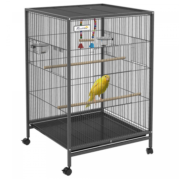 Pawhut Cage A Oiseaux 29\" Avec Support Roulant Pour Perroquets Et Pinsons, Grande Cage A Oiseaux Avec Balancoire Coloree, Bols En Acier Inoxydable, Plateau Amovible – Gris