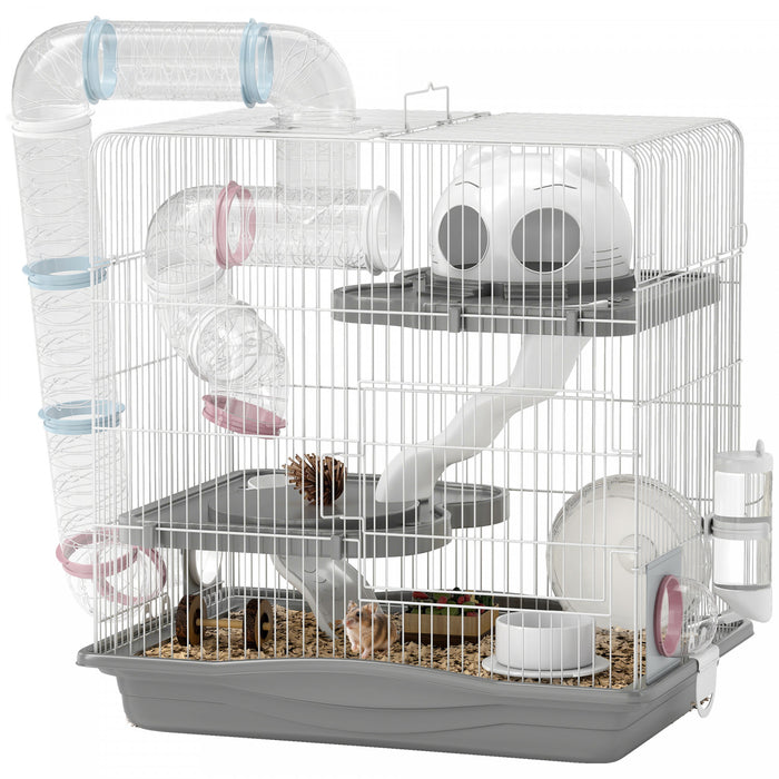 Cage a hamster 3 niveaux, cage a gerbille portable avec tunnel, gris