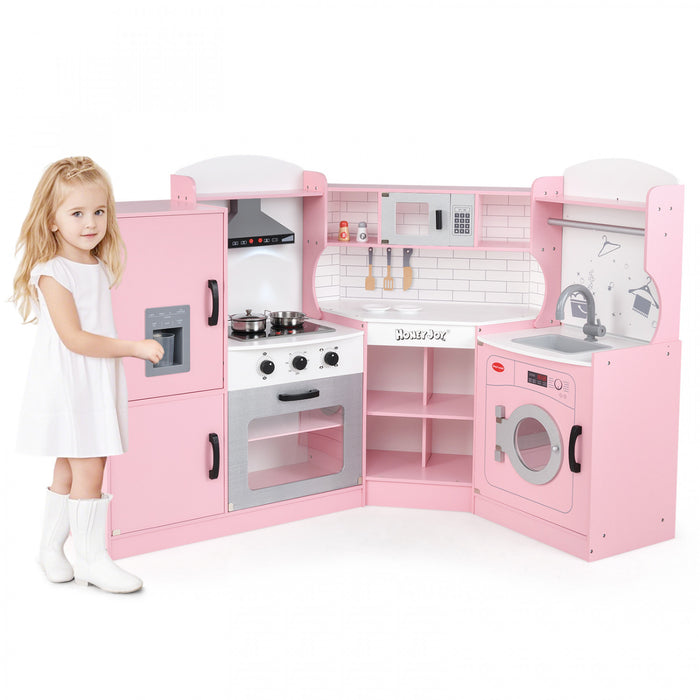 Honeyjou Corner Play Kitchen Baby Kitchen Playset Avec Capuchon De Gamme, Machine A Glace, Micro-ondes Rose