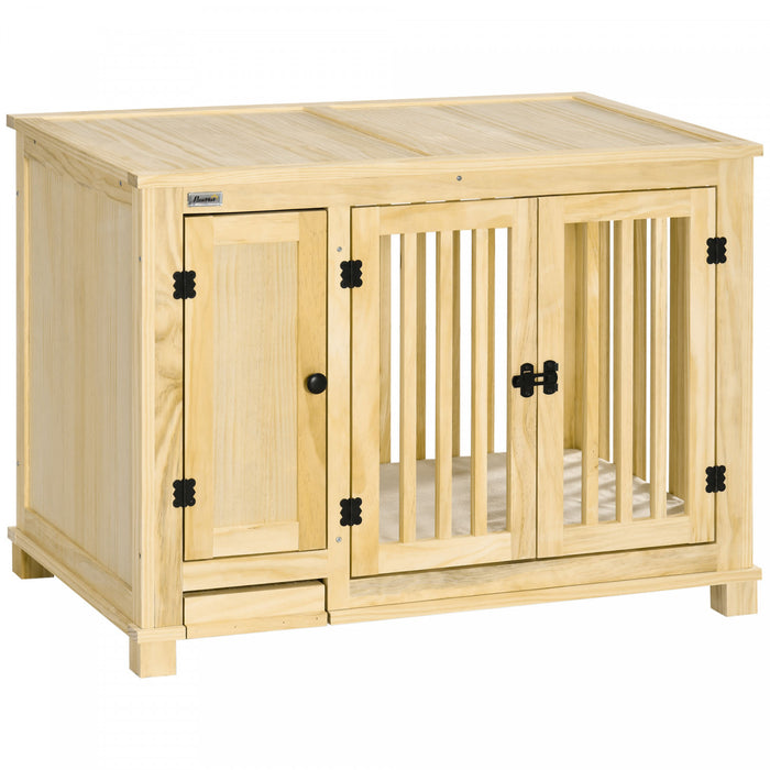 Pawhut Meubles De Caisse En Bois Pour Chien Avec Coussin, Table D'extremite De Chenil Avec Tiroir De Rangement Pour Petits Chiens, Naturel
