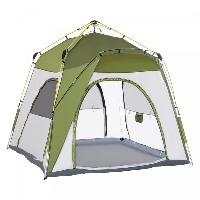 Tente De Camping Familiale 4-5 Personnes Montage Instantanee Pop-up 4 Fenetres Pare-soleil Dim. 2,4l X 2,4l X 1,95h M Fibre Verre Polyester Vert Gris