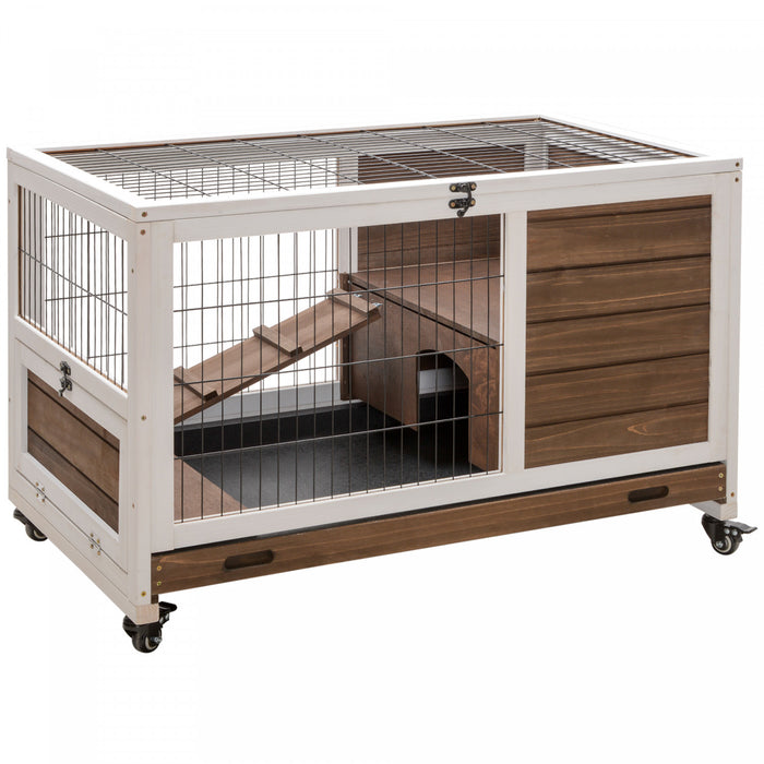 Pawhut Cage D'interieur En Bois Pour Lapins Habitat De Cage Sureleve Avec Bac Anti-fuite, Parcours Ferme Avec Roues, Ideal Pour Les Lapins Et Les Cochons D'inde, Marron