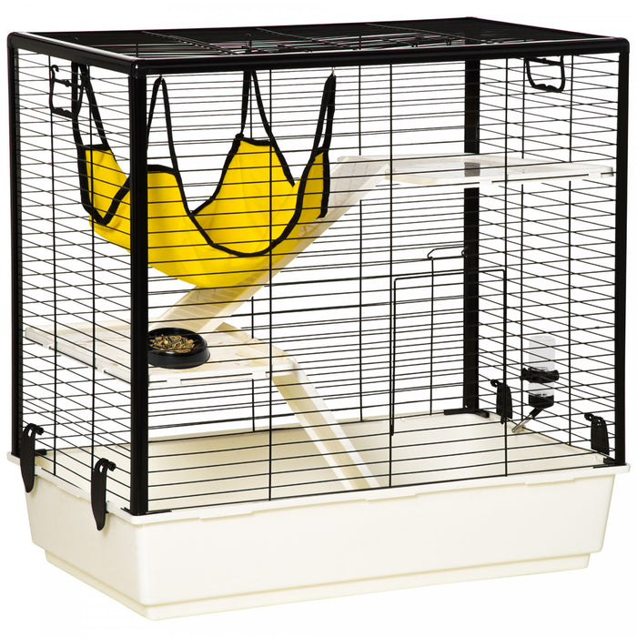 Pawhut Cage Petit Animal Habitat Interieur Cage Pour Cochons D'inde Furets Chinchillas, Avec Accessoires Hamac Bouteille D'eau Balcon Rampe Plat De Nourriture, 31.5\"x19\"x30.75\", Jaune