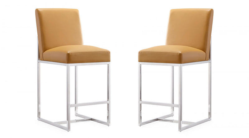 Tabouret de comptoir moderne en metal et tissu Element, coloris camel - Lot de 2