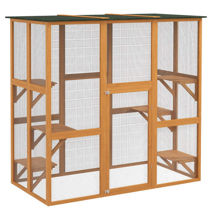 Pawhut Grand Enclos Exterieur Pour Chat, Terrasse En Bois Pour Chat Avec 6 Plates-formes Equilibrees Et Toit En Asphalte, 71\" X 38.5\" X 71\", Orange