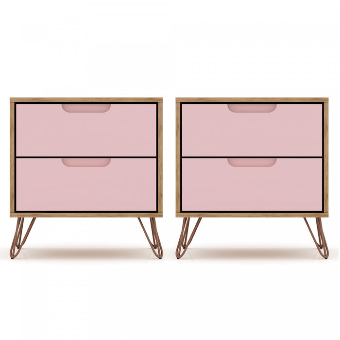 Table de nuit Rockefeller Mid-Century Modern 20\" en rose (2 tiroirs) - Lot de 2