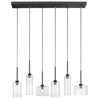 Luminaire suspendu horizontal Industrial Chic de Dainolite en verre transparent, avec fini noir mat et 6 ampoules