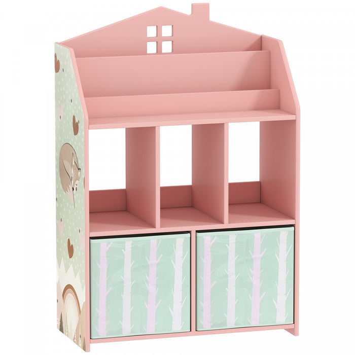Qaba Meuble de Rangement avec Presentoir a Livres, Etageres, Tiroirs en Tissu, Rose
