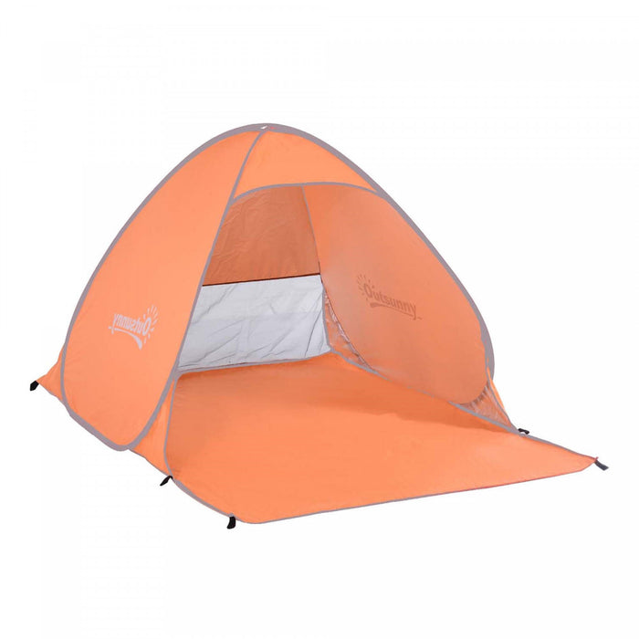 Abri De Plage Tente De Plage Pliable Pop-up Automatique Instantane Protection Uv Fenetre Arriere Grand Tapis De Sol Orange