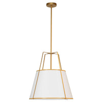 Luminaire suspendu Trapezoid de Dainolite avec abat-jour doré et blanc qui diffuse la lumière, tissu blanc et 1 ampoule