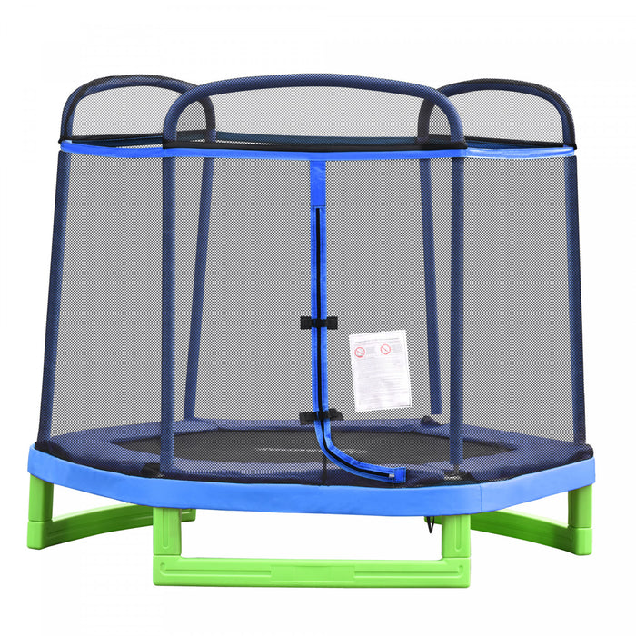 Outsunny Trampoline Pour Enfants De 2.1 M Avec Filet De Securite, Jouet De Gymnastique A Ressort Durable Avec Fermeture A Glissiere Robuste Et Revetement Rembourre, Bleu