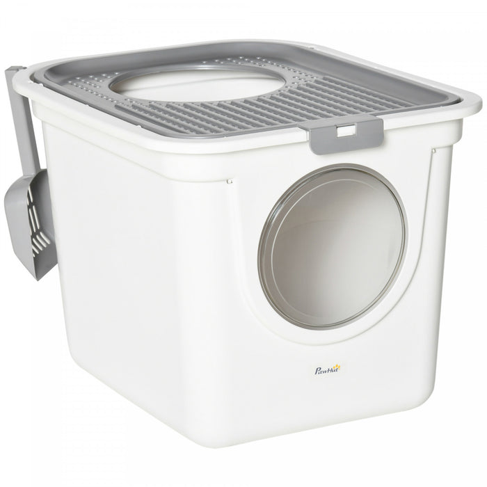 Bac A Litiere Pawhut, Bac A Litiere Ferme Avec Entree Avant, Sortie Superieure, Pelle, Toilettes Faciles A Nettoyer, Blanc
