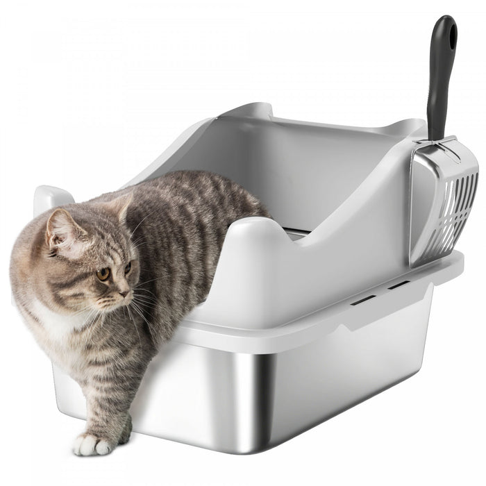 Bac a Litiere pour Chat en Acier Inoxydable avec Pelle, Gris