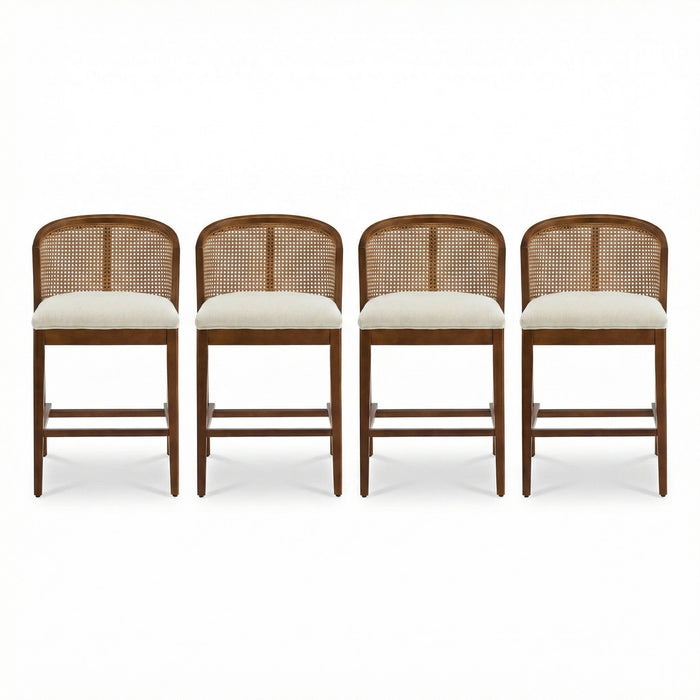 Tatti – Lot de 4 tabourets de comptoir en bois d’hevea avec dossier en cannage, finition noyer