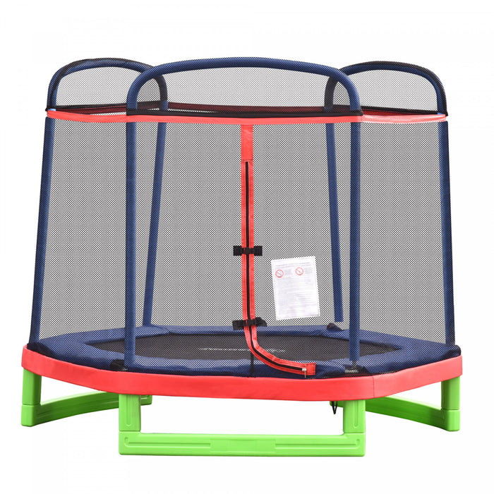 Outsunny Trampoline Pour Enfants De 2,1 M Avec Filet De Securite, Jouet De Gymnastique A Ressort Durable Avec Fermeture A Glissiere Robuste Et Revetement Rembourre, Rouge