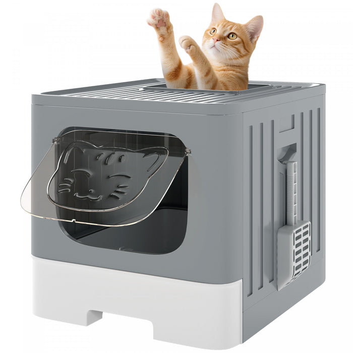 PawHut Bac a Litiere Pliable pour Chat, Bac Ferme avec Tiroir Coulissant, Couvercle, Pelle, Facile a Nettoyer, Sans Fuite d'Urine, Controle des Odeur, pour Chat jusqu'a 11 lb, Gris