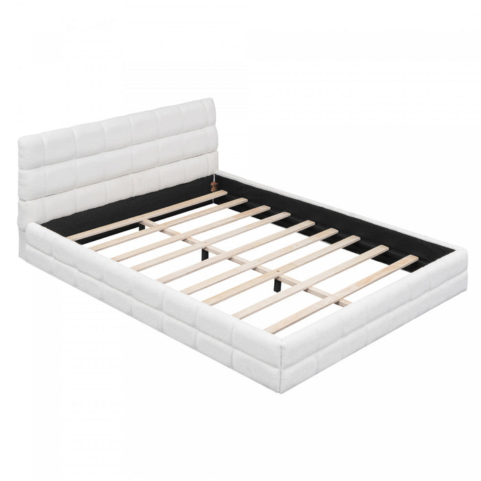 Lit plateforme moderne Emma rembourre avec structure en bois massif confortable, taille queen, blanc