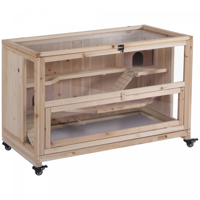 Pawhut Cage En Bois Extra Large Pour Hamster Et Aire De Jeux Avec 3 Echelles Et 2 Cabanes, Cage Pour Petits Animaux Pour Hamster Syrien Et Nain, Roues, Plateau Coulissant, Bois Naturel