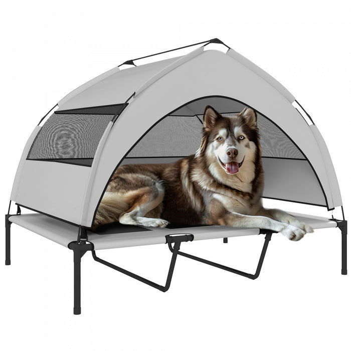 PawHut Lit Pour Chien Sureleve, Lit d'Exterieur avec Toit Amovible, Maille Respirante, Sac de Transport, Lit Portable pour Grands Chiens, 122 x 92 x 94 cm, Gris Clair