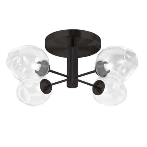 Plafonnier semi-affleuré Abii de Dainolite en verre transparent, avec fini noir mat et 4 ampoules